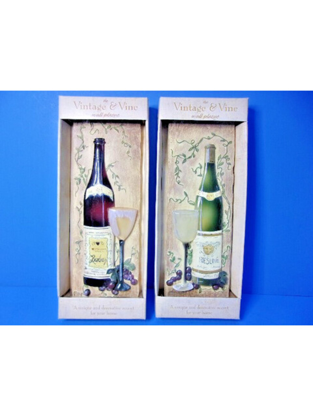 Wine Bottle & Grapes 3D Relief Wall Hanging Plaques Kate McKrostie Set of 2